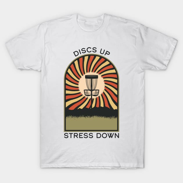 Discs Up Stress Down | Disc Golf Vintage Retro Arch Mountains T-Shirt by KlehmInTime